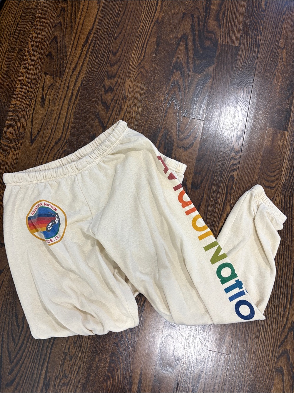 Aviator Nation Cream Track Joggers with Rainbow Logo